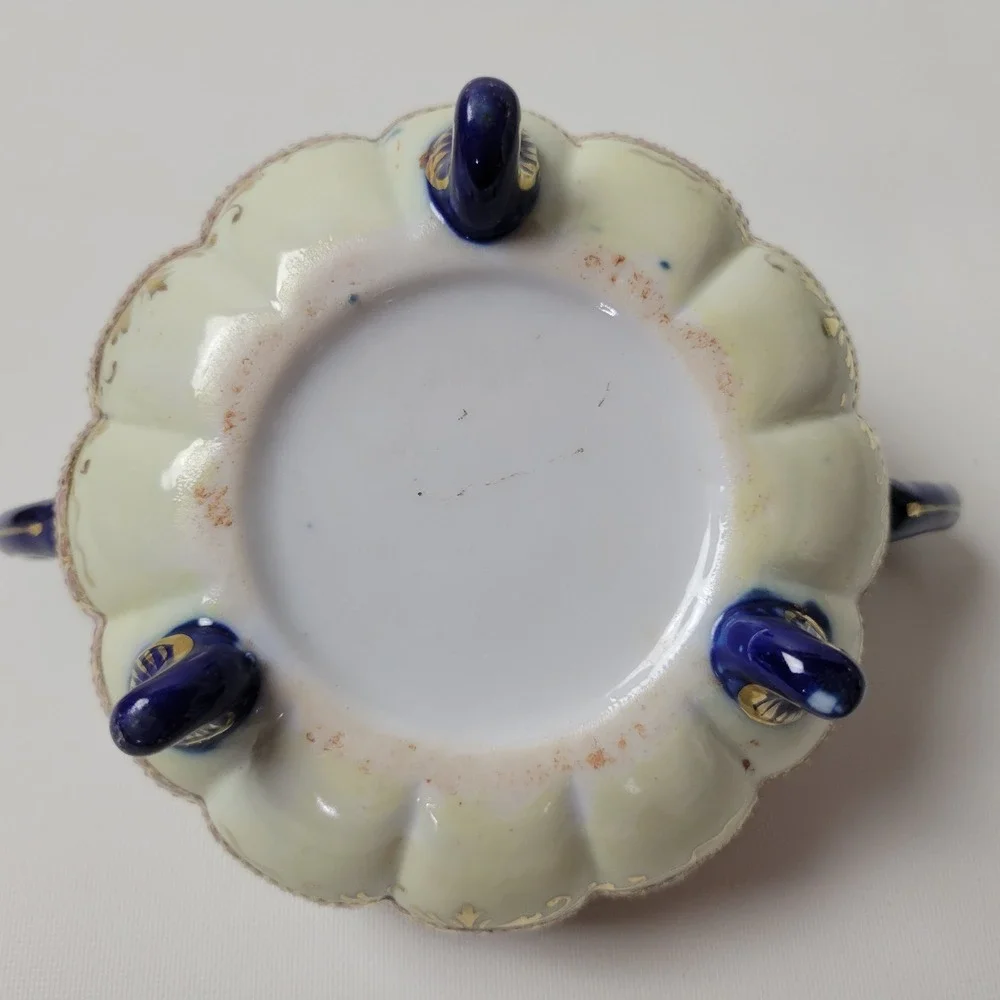 Antique Nippon Sugar Bowl Cobalt Blue Gold Moriage Hand Painted Roses Japan